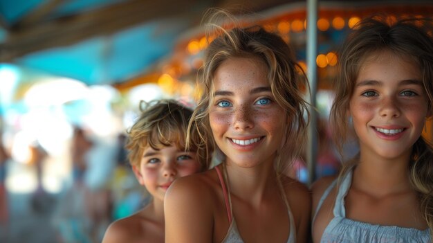 Joyful Mother With Two Children at a Summer Fair