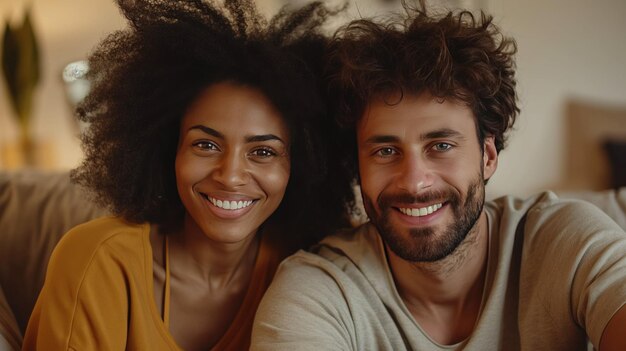 Joyful Multiracial Couple Taking a Selfie on a Cozy Sofa at Home