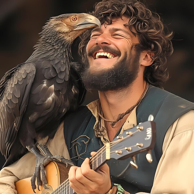 Joyful musician and his raven companion