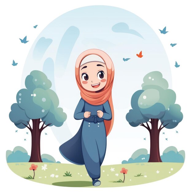 自然を抱きしめる喜びのムスリム女性 カワイベクトルイラスト