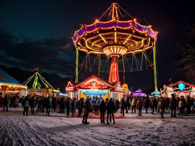 写真 来場者と楽しい夜祭りと雪景色のさまざまな乗り物イラスト