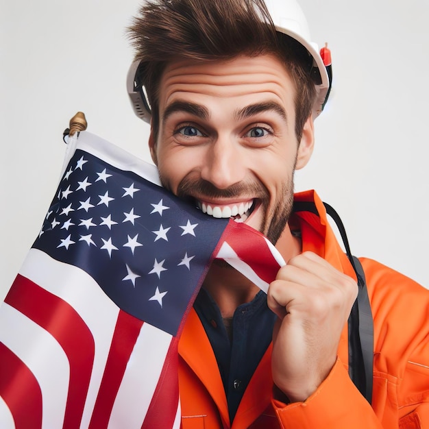 Photo joyful offshore worker man biting the united states flag