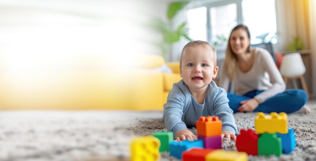 Joyful parents and child playing in a room with childrens toys