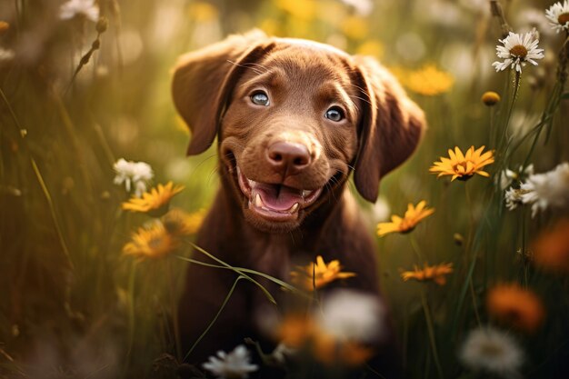 Joyful Paws A Delightful Portrait of a Brown Labrador Retriever Puppy Surrounded by Nature's Beauty