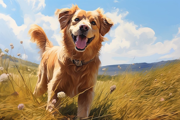 Joyful Paws A Playful Tale of a Lively Pup frolicking in the Meadow