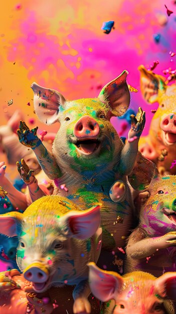 Joyful pigs in paint Festeval Holi