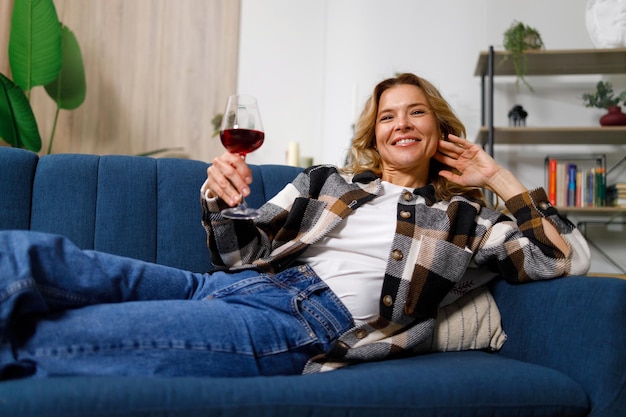 Joyful pleasant middleaged woman with a glass of wine in her hands relaxes on the sofa