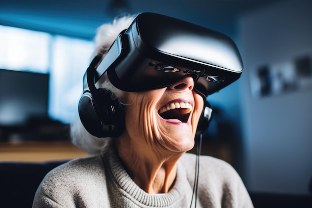 Joyful portrait of an elderly woman wearing a vr helmet