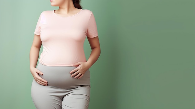 A joyful pregnant woman places her hands on her abdomen