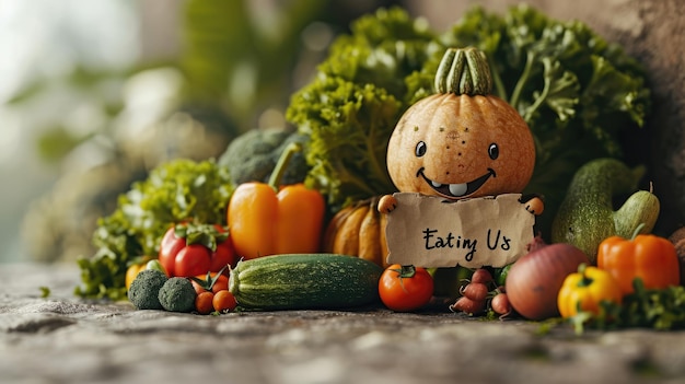 사진 즐거운 생산 만화 캐릭터 행복한 귀여운 채소와 과일 eating us라는 표지판을 들고 적절한 영양과 건강한 생활 방식의 개념을 홍보하는 기발한 묘사