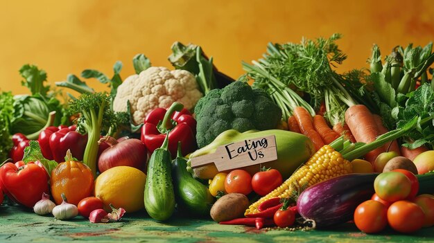 Joyful produce cartoon characters happy cute vegetables and fruits holding a sign Eating Us A whimsical portrayal promoting the concept of proper nutrition and a healthy lifestyle