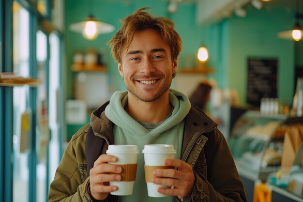 Joyful Professional with Dual Coffee Delights