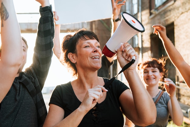 Joyful protesters marching through the city