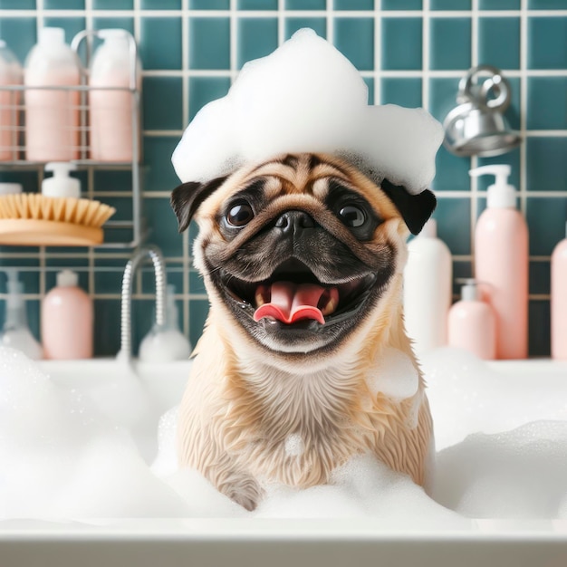 Foto cane pug gioioso in una vasca da bagno piena di schiuma di sapone ai generativo