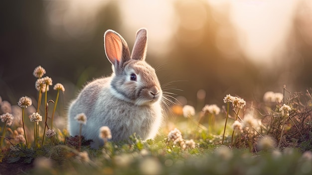 Joyful Rabbit on a Blooming Spring Meadow Hello Easter Season