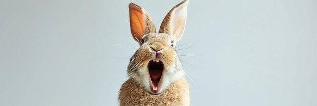 Joyful rabbit with long ears raised high and wide open mouth appearing to cheer or laugh against a light background expressing humor delight or excitement Easter concept Banner with copy space