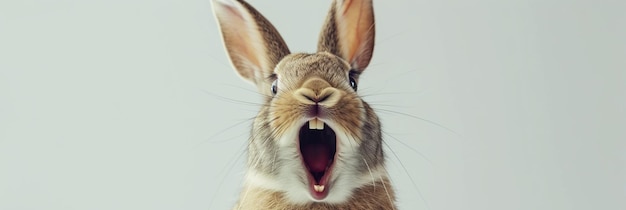 Joyful rabbit with long ears raised high and wide open mouth appearing to cheer or laugh against a light background expressing humor delight or excitement Easter concept Banner with copy space