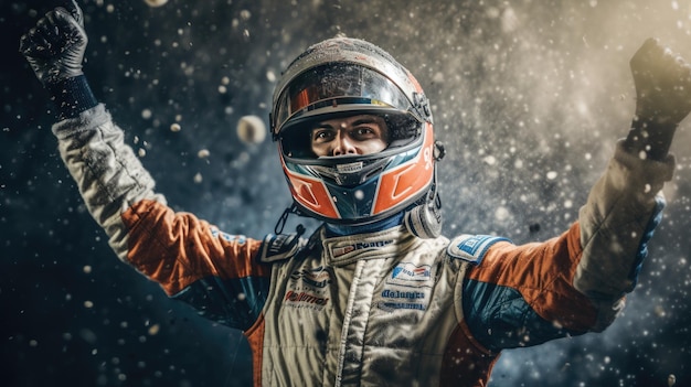 Joyful Racing driver celebrating with champagne spray with ribbons scattered on background Race car driver celebrating the win Generative Ai