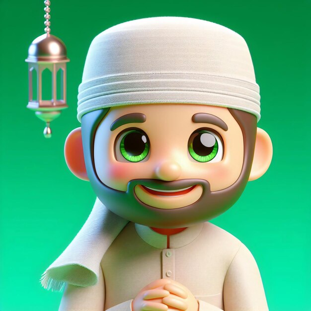 ラマダン 3D ムスリム キャラクター レンダリング リアルなヘア 緑色 グラディエント 背景 ピクサー スタイル