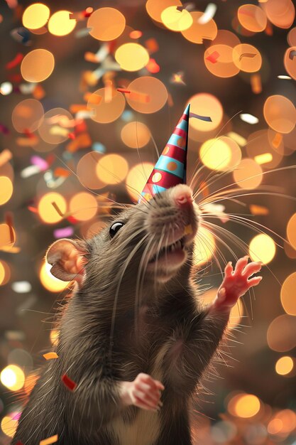 A joyful rat wearing a tiny party hat gleefully celebrating a New Year or birthday party with a backdrop of twinkling bokeh lights and colorful paper confetti