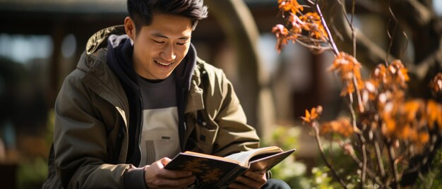 Photo joyful reading in springtime