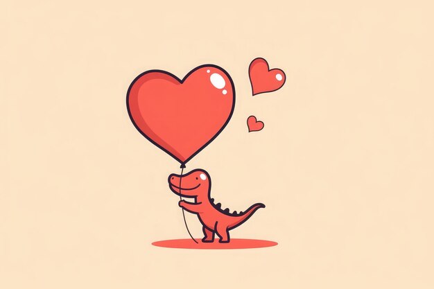 Joyful red dino holding a heart balloon capturing the essence of love and happiness on a soft beige background