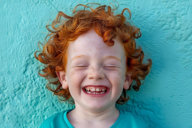 Foto gioioso ragazzo dai capelli rossi che ride su uno sfondo turchese per un'infanzia felice