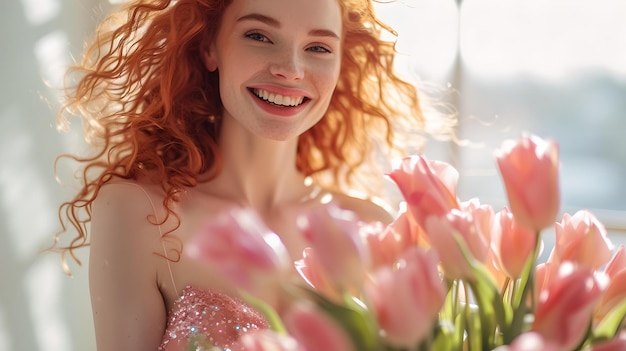 Joyful redhead woman with spring tulips smiling in sunlight fashion lifestyle portrait capturing the essence of spring AI