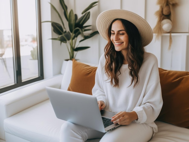 Photo joyful relaxed smiling young woman using laptop