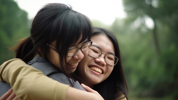 Photo joyful reunion friends embrace in the park