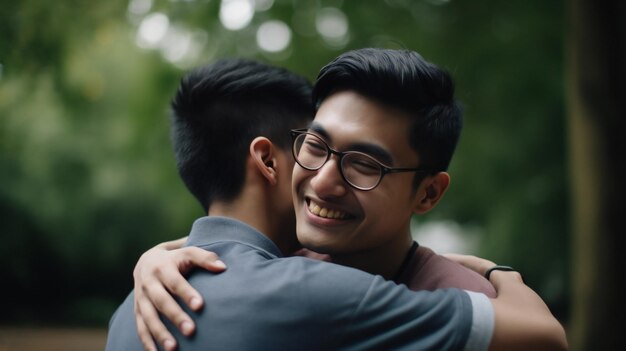 Photo joyful reunion friends embrace in the park