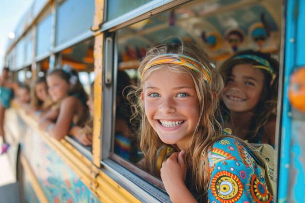 Photo joyful ride fun students on a school bus sharing laughter and creating memories on their journey to school embodying the spirit of friendship and adventure during their commute together