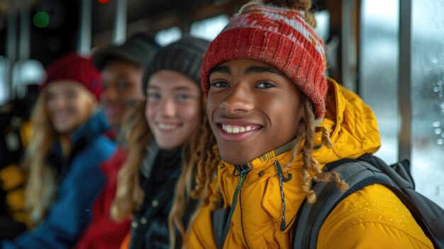 Photo joyful ride fun students on a school bus sharing laughter and creating memories on their journey to school embodying the spirit of friendship and adventure during their commute together