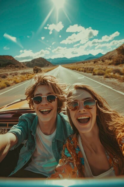 Photo joyful road trip adventure young couple enjoying a sunny drive