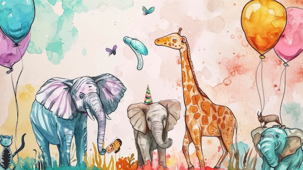 Joyful Safari Friends in a Whimsical Jungle Playful Lion Giraffe Elephant and Flora