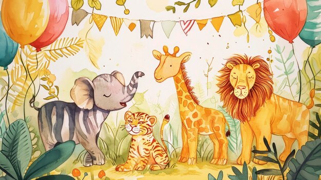 Joyful Safari Friends in a Whimsical Jungle Playful Lion Giraffe Elephant and Flora