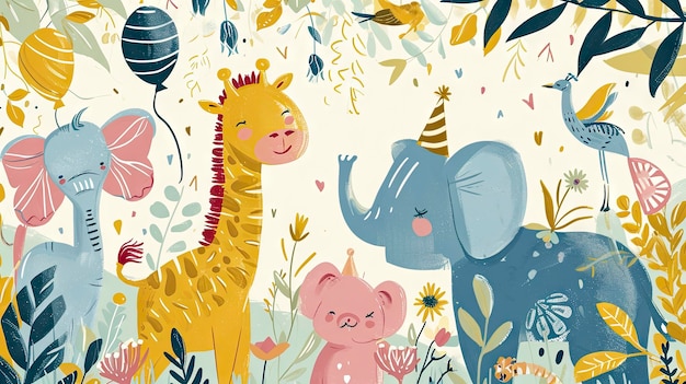 Joyful Safari Friends in a Whimsical Jungle Playful Lion Giraffe Elephant and Flora