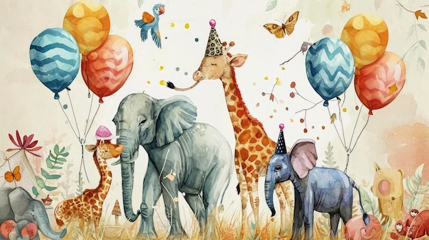 Joyful Safari Friends in a Whimsical Jungle Playful Lion Giraffe Elephant and Flora