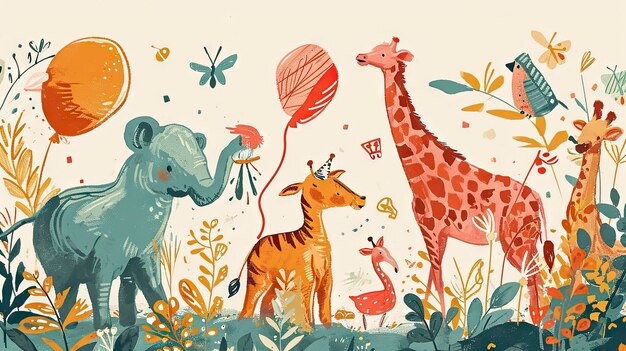 Joyful Safari Friends in a Whimsical Jungle Playful Lion Giraffe Elephant and Flora