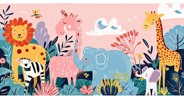 Photo joyful safari friends in a whimsical jungle playful lion giraffe elephant and flora