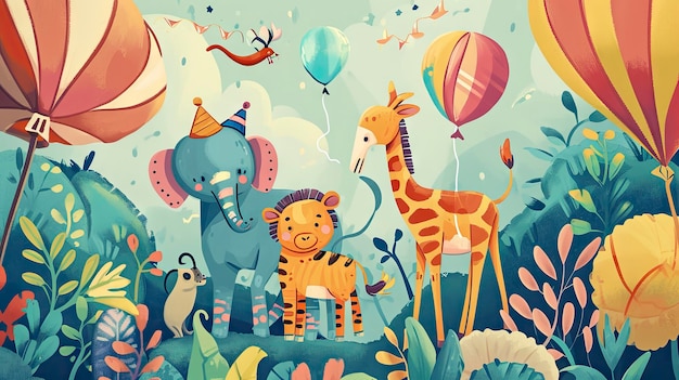 Joyful Safari Friends in a Whimsical Jungle Playful Lion Giraffe Elephant and Flora