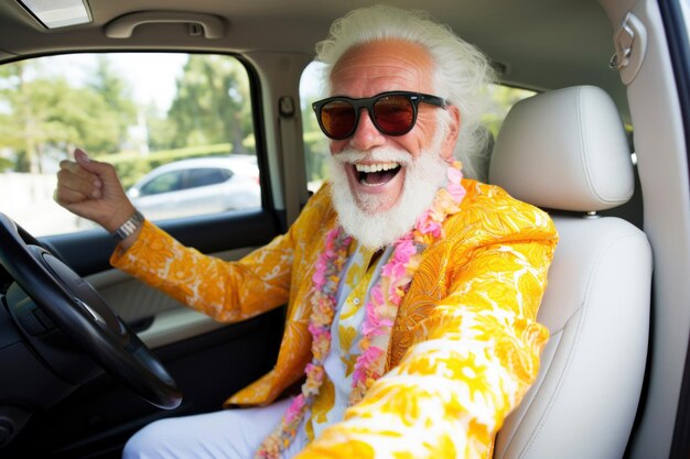 Joyful satisfied smiling older man wearing sunglasses and a bright yellow jacket driving a car