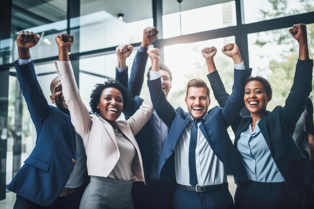 Photo a joyful scene of male and female colleagues in an office setting united in celebrating a successful business outcome demonstrating teamwork and unity