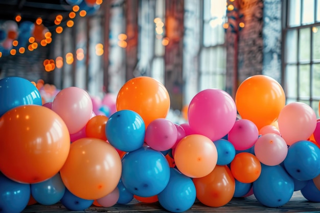 Радостная сцена с красочными воздушными шарами, заполняющими воздух вокруг объекта