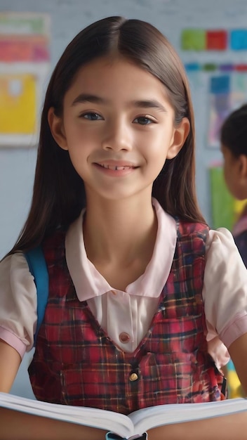 Joyful schoolgirl standing with bright workbooks