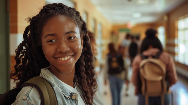 A joyful schoolgirl with braided hair beams in a bustling school corridor