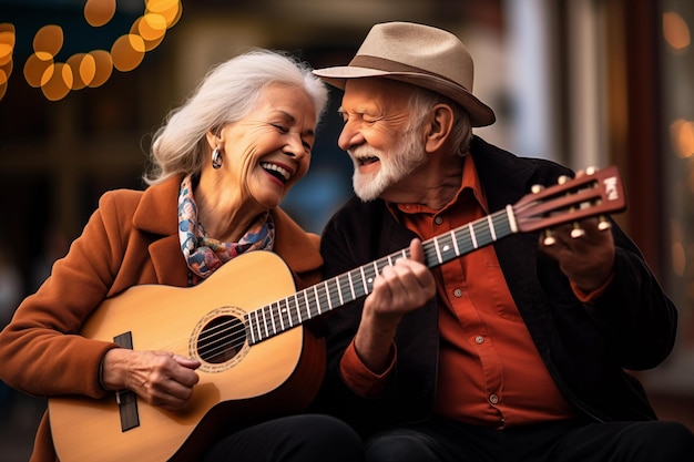 Joyful senior couple share a laugh while playing guitar on a cozy evening with warm lights