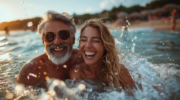 太陽眼鏡をかぶった喜びに満ちた高齢のカップルがビーチで水を噴く