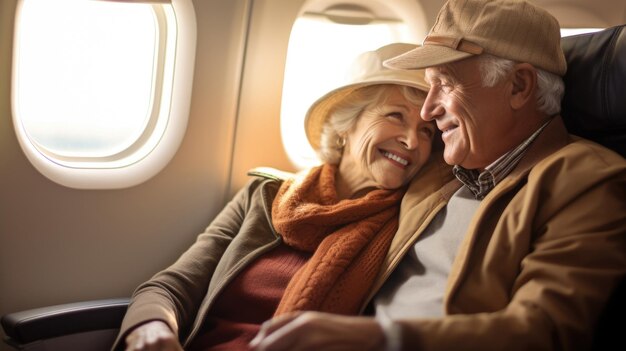 飛行機で旅行する幸せな年配のカップル 休暇のコンセプト