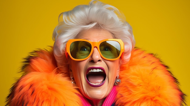 Joyful Senior Woman in Chic Orange Outfit Laughing and Having Fun in Fashion Studio with Cool